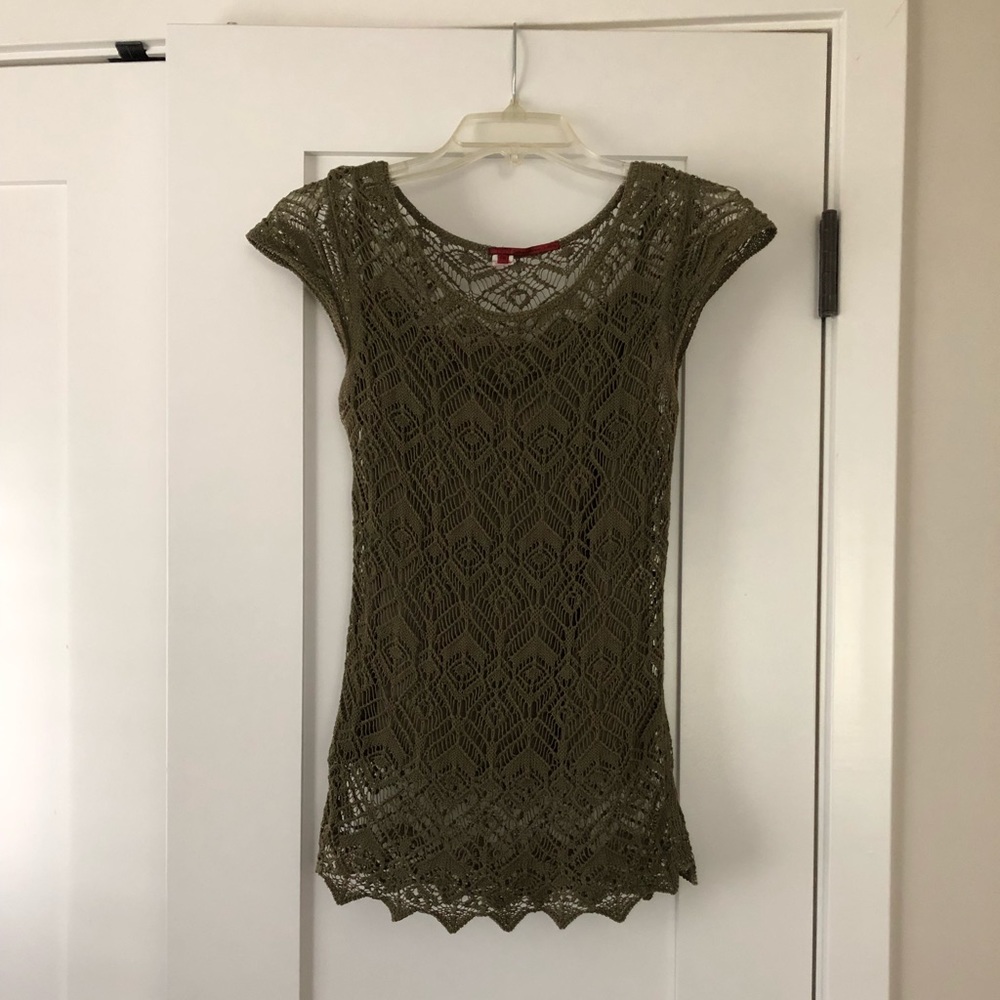 Olive green open weave crocheted sweater with tank